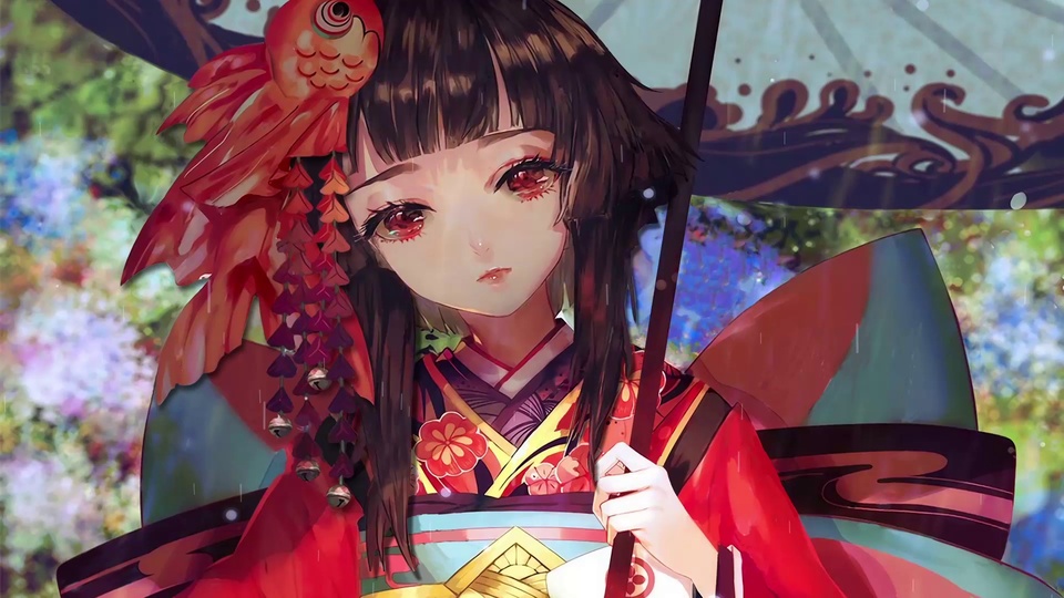 黑发红瞳古风少女撑着带波浪纹的油纸伞，身周雨丝漂浮，背景花丛朦胧柔和。