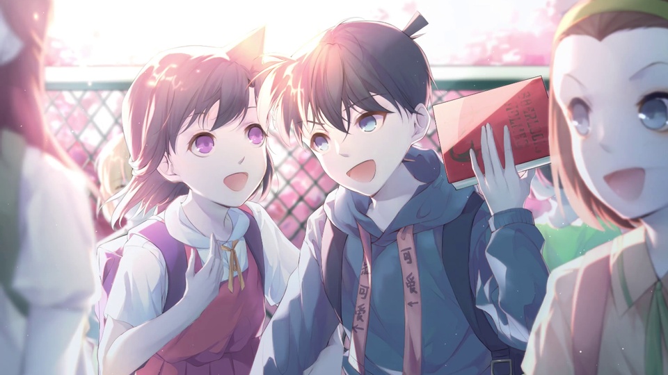 樱花校园场景下两名穿校服的少年少女，男生手持红封面书本