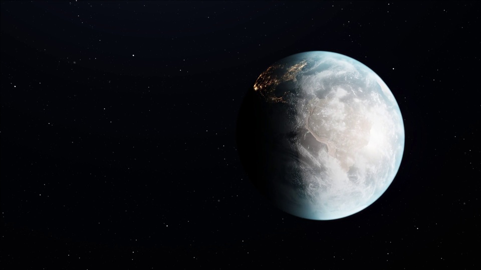 宇宙空间中的半明半暗星球，左缘分布暖金色灯光