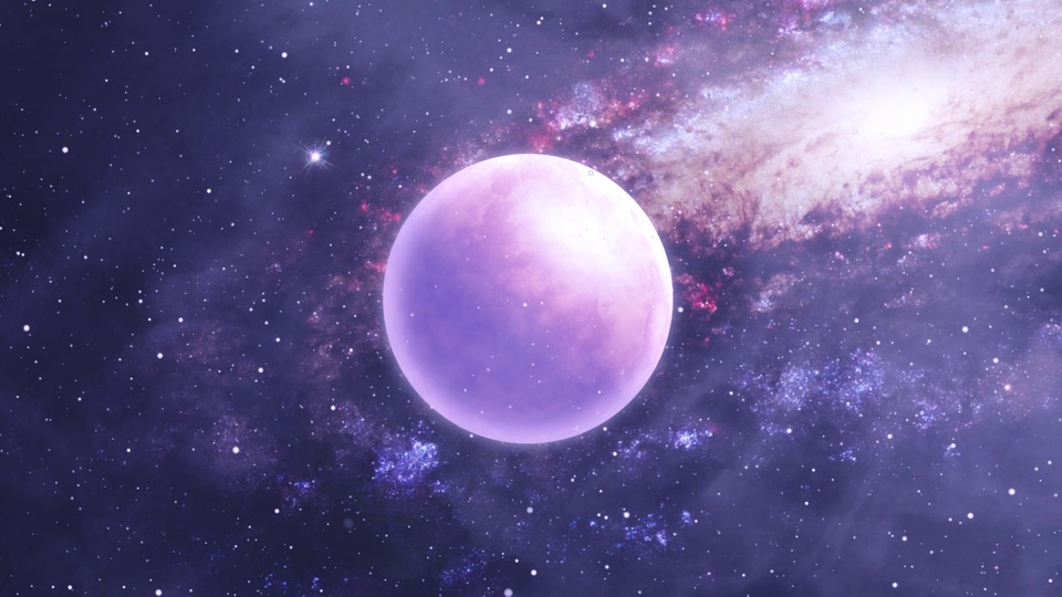 宇宙深空背景中粉紫色星球居于中央，四周散布繁星与多色星云。