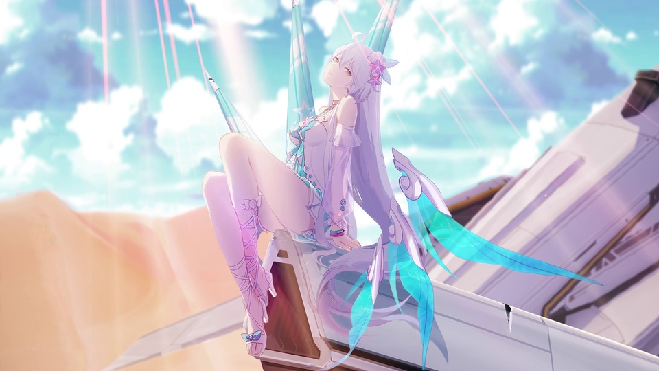 银发紫眸少女坐在科幻舰船边上望向天空，晴空背景带着阳光光束。
