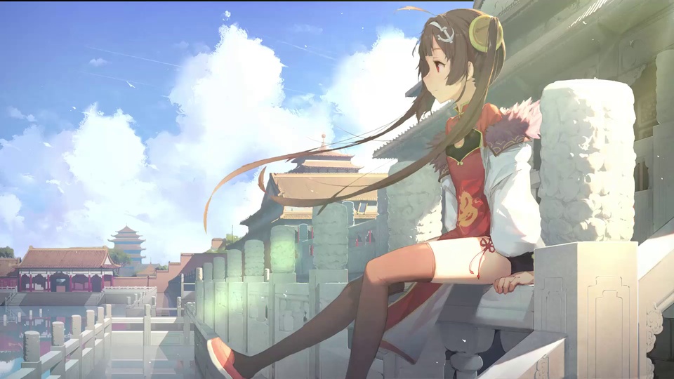 双马尾少女坐在汉白玉栏杆上侧望左侧，背景为中式宫殿古建筑群，蓝天飘着大朵白云，二次元动漫风格。