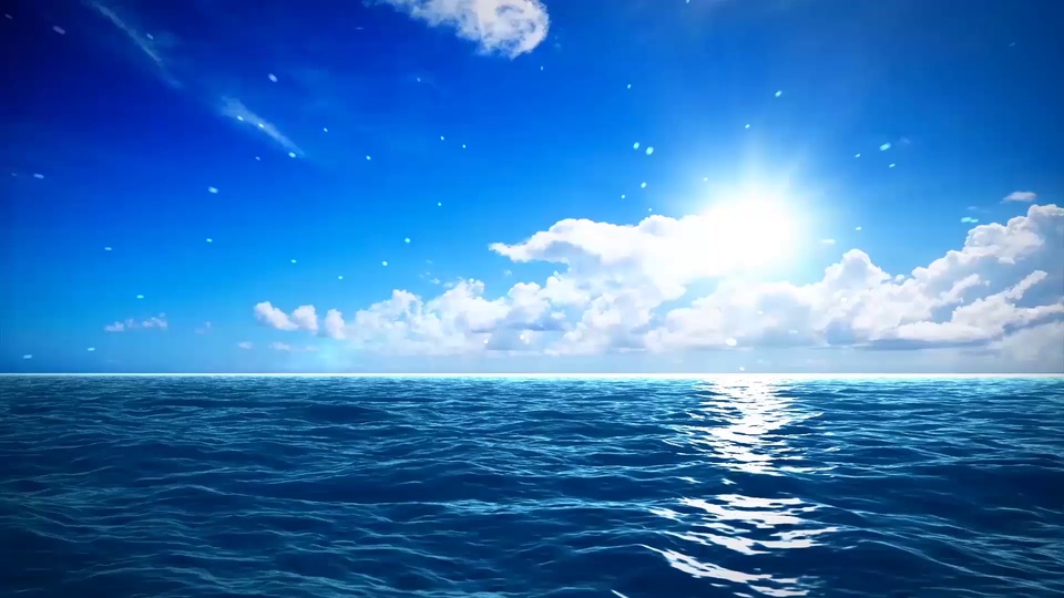 二次元晴朗海景，亮蓝色天空飘着白云，下方是泛着细碎波纹的蓝色开阔海面。