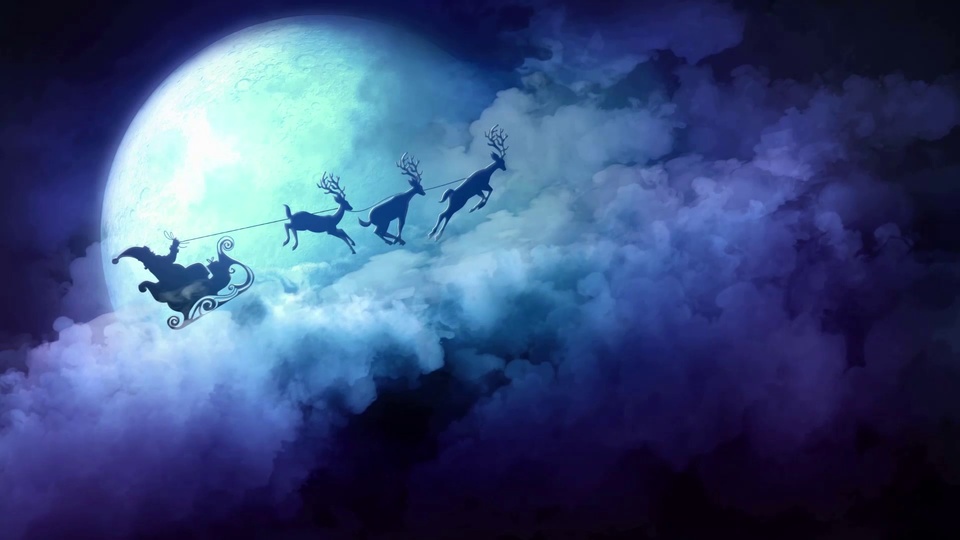 蓝紫夜空满月云雾背景下，驯鹿牵引雪橇的黑色剪影腾空飞行