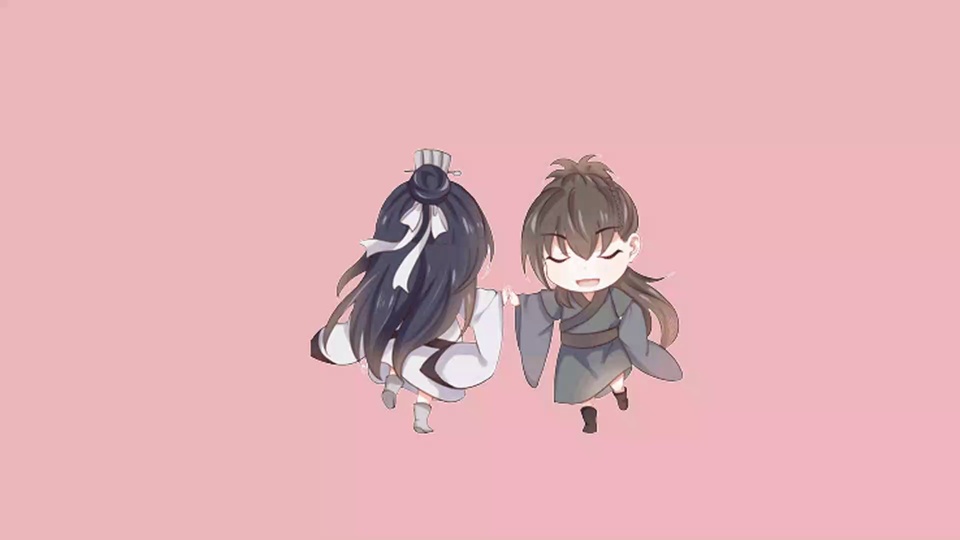 纯粉色背景上两个穿古风汉服的Q版人物牵手跃起