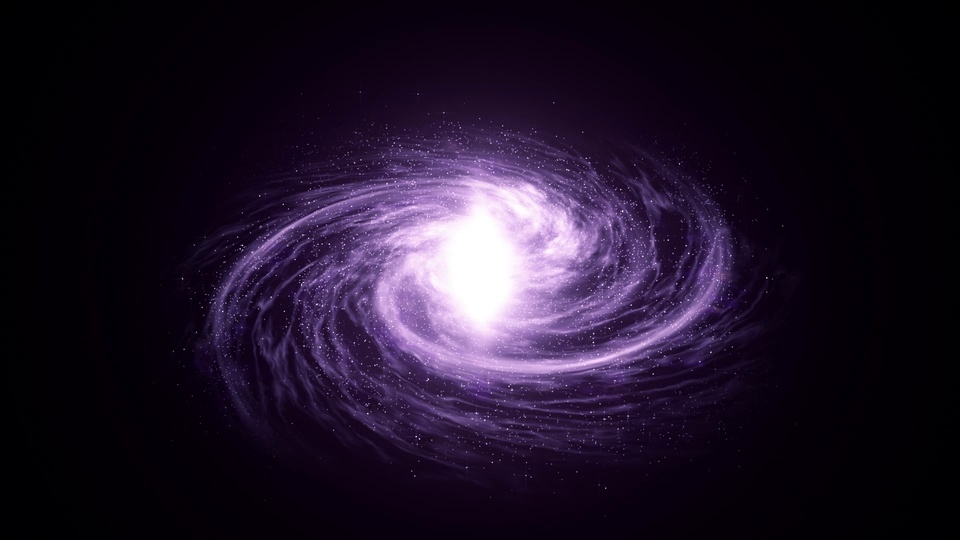 黑紫色宇宙空间中，一枚螺旋星系散发着紫调光芒，星点散布在周边。