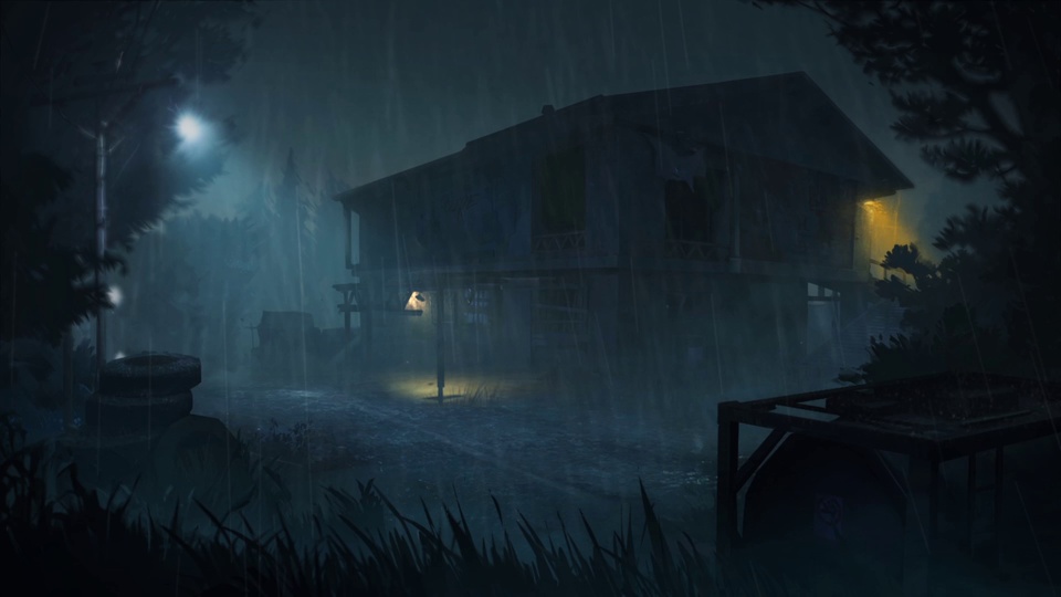 灰蓝雨雾笼罩的雨夜林间，老旧木屋隐在雨幕中，零星暖黄灯光透出，四周环绕暗调草木剪影。