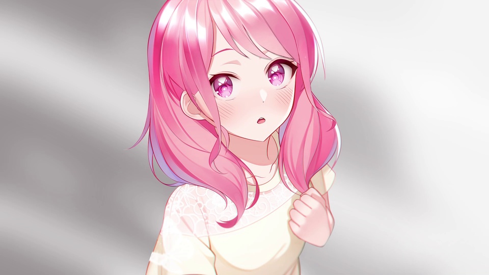 粉发紫眸二次元少女近景插画，浅灰朦胧渐变背景