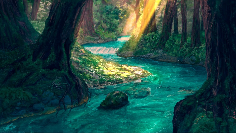 插画风格的森林场景，青碧色溪流贯穿林间，沿岸分布着粗壮大树与林下绿植，暖金色光线穿过林木间隙洒落。