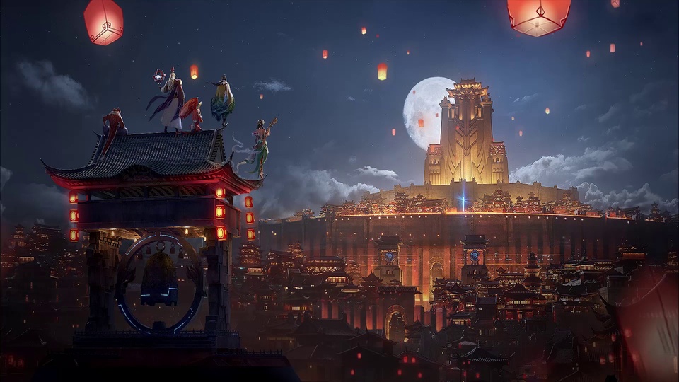 满月夜景下灯火通明的古风都城，孔明灯漫天飘散