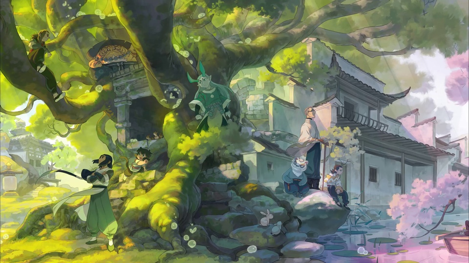 古风插画中参天古树旁坐落徽派民居，水潭边樱花盛放，树石间分布多个人物与奇幻生灵。