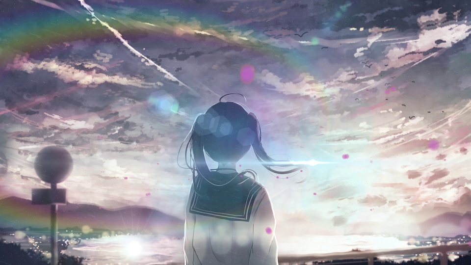 双马尾水手服少女背影，面朝渐变彩虹色云海与远山海景