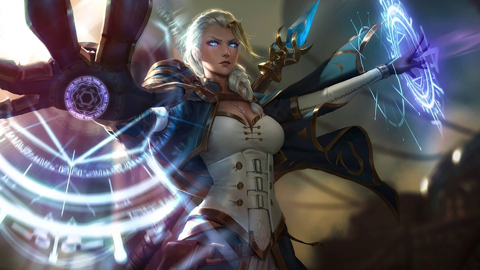 白发魔导战士身着蓝白镶金服饰，双手托举发光魔法阵，背景虚化。