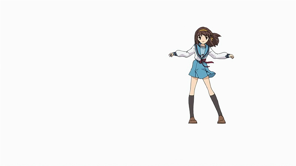 棕发少女身着蓝白水手校服，双臂向两侧平伸站立。