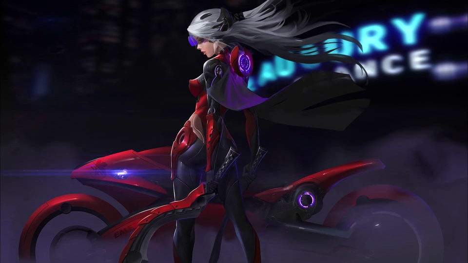 银灰长发少女身着黑红紧身战斗服，站在带紫色光效的红色科幻摩托旁，背景是暗调霓虹夜色。