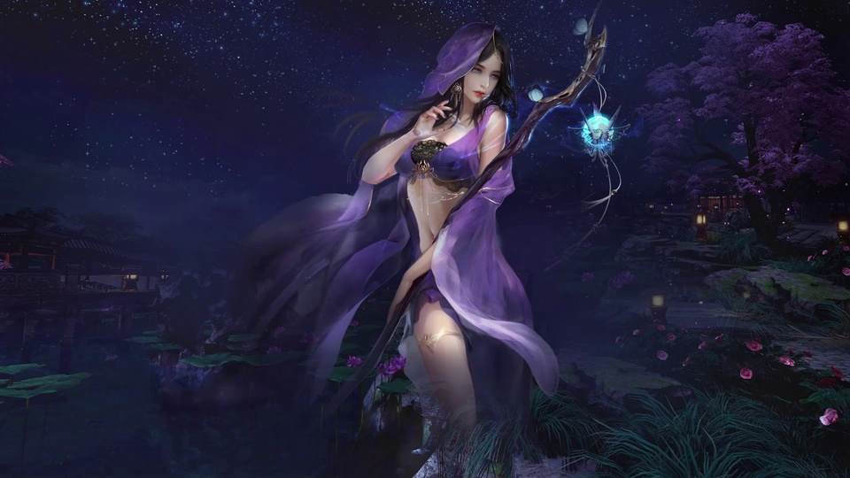 紫纱衣女子持发光法杖，立于星空下的古建水景园林中。