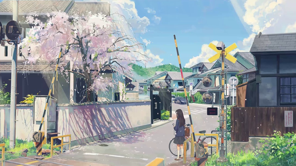 日系动漫风格春日街道道口，垂枝樱花盛放，校服女生扶自行车站立，蓝天飘白云。