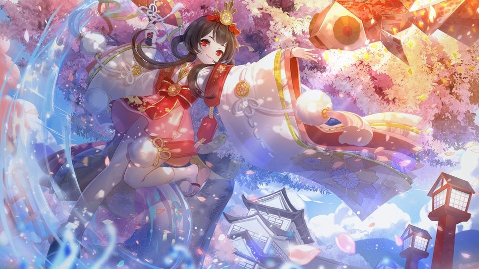 二次元樱花和服少女在飞散花瓣与淡蓝光流中抬手轻展衣袖