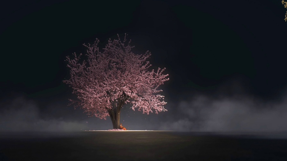 暗夜空旷场景中，满开粉花的孤树立于画面中心，红衣人物坐于树下落瓣之上，四周环绕轻薄灰雾。