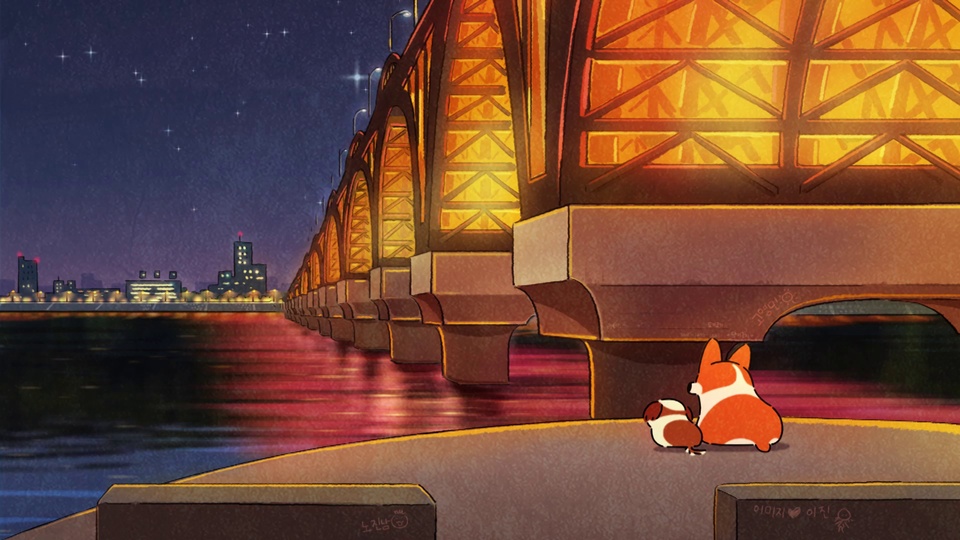 星夜河畔暖光钢桥下，两只卡通柯基背对镜头观景