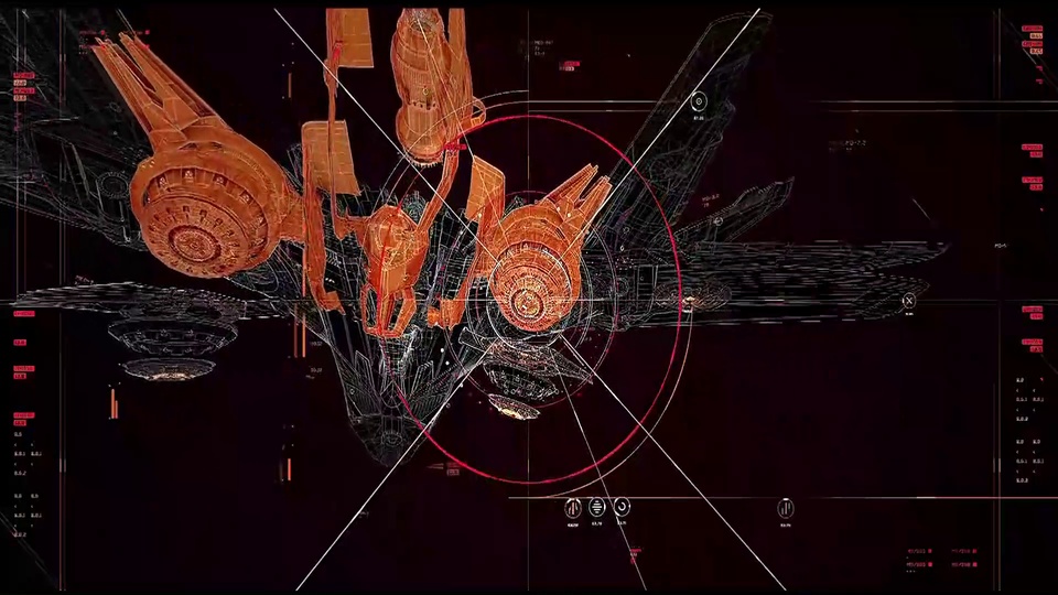 暗紫红背景上的橙红色机甲线稿，搭配准星、参考线与数据控件