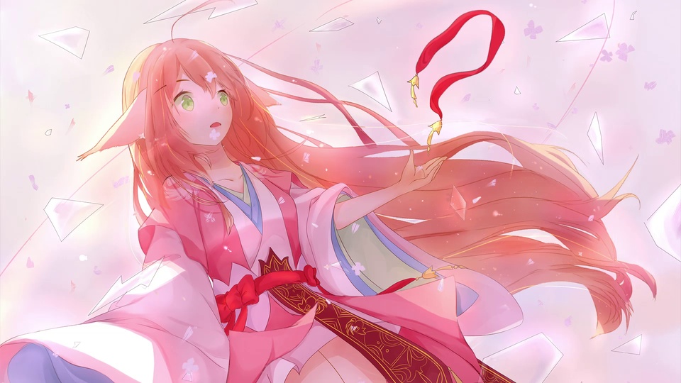 软萌兽耳少女身着粉白古风和服，背景为柔化粉调雾感场景。