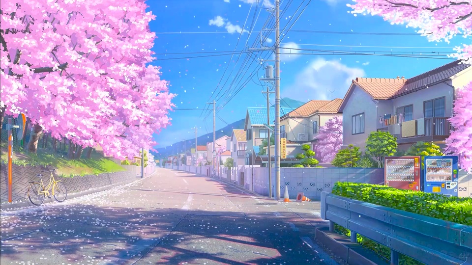 日系动漫风居民区街道，盛放的粉色樱花树沿道路两侧排布，街边是浅米色民居，上方是澄澈的亮蓝色晴天天空。