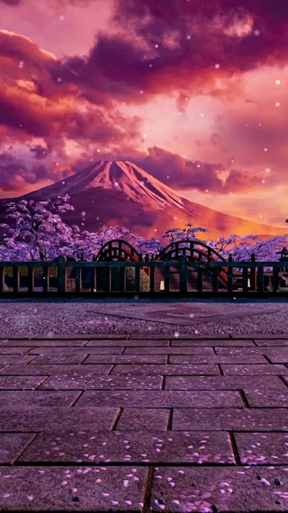 夕阳樱花富士山