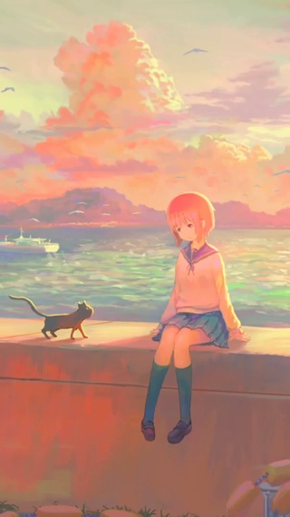 夕阳少女与猫