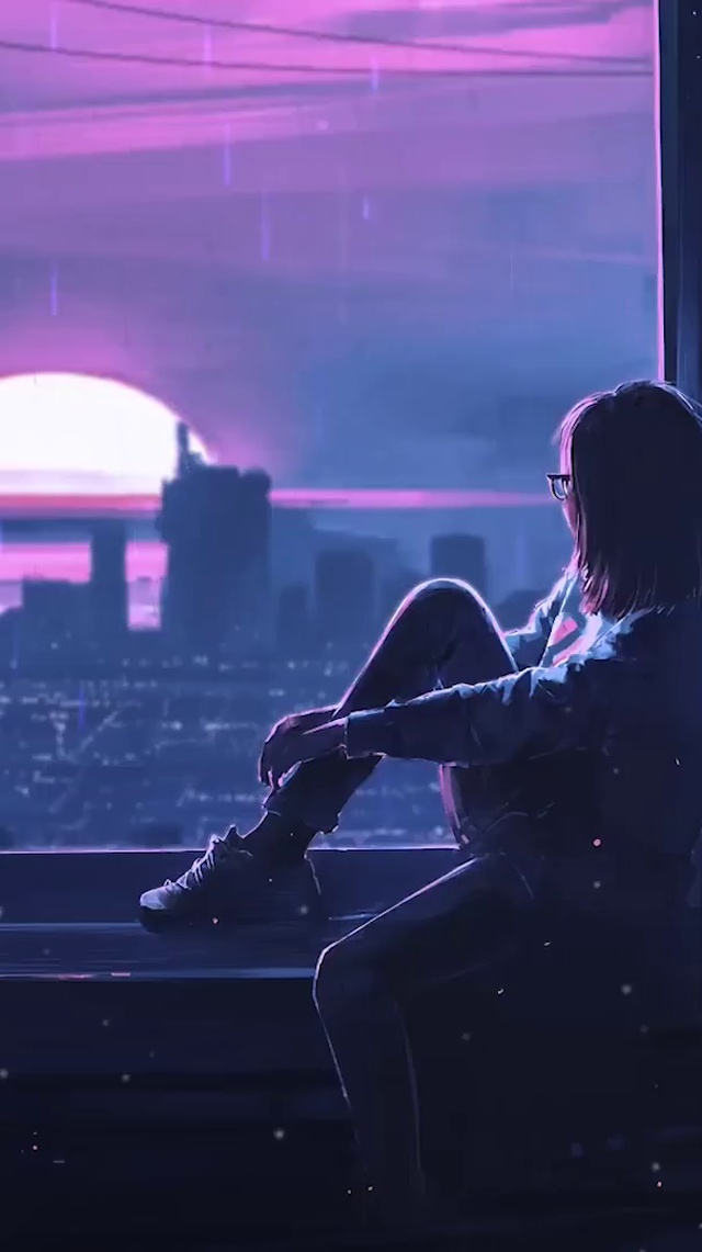 日落雨天窗边少女