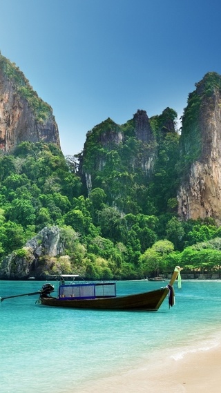 唯美 海洋 海滩 船 山 树 天空 云 泰国风景壁纸壁纸