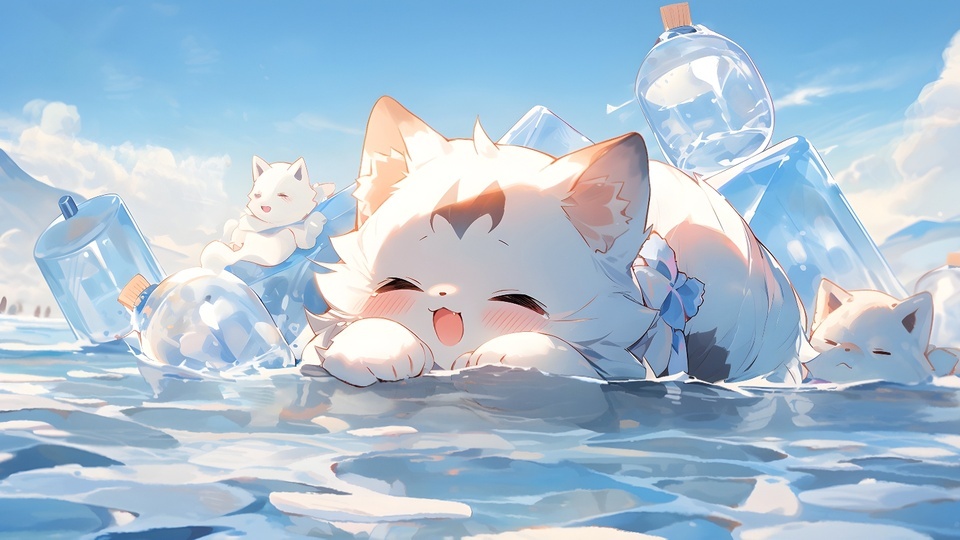 冰块上的猫咪
