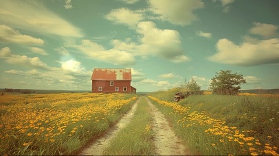 阳光鲜花草原红色小屋