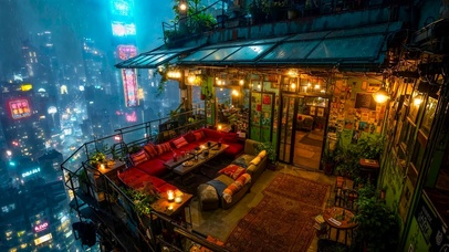 未来雨夜城市阁楼 