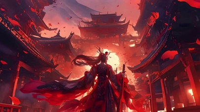 红色汉服古风古建筑