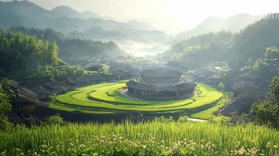 清新绿色云雾山谷村落