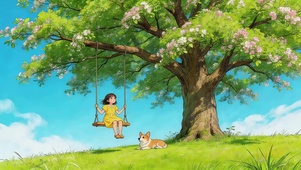 春天树下荡秋千