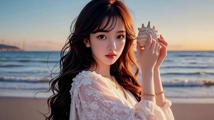 霞光下海滩边拾贝听音的美女