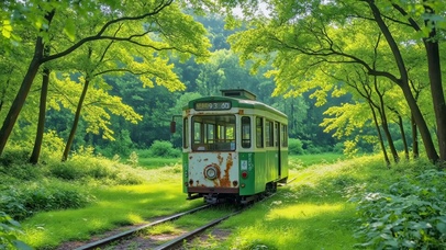 林间光影里的旧电车