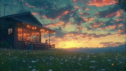 落日草坪花海温馨酒馆