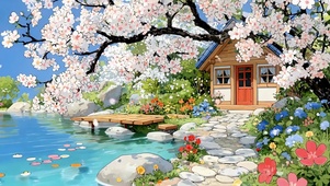 湖边樱花小屋