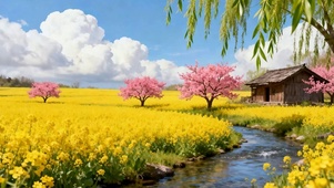 白云柳树花草河流