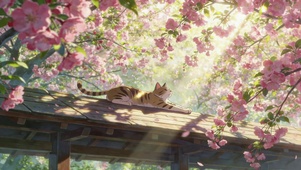 樱花暖阳下小憩的猫咪