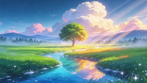草原河流小树