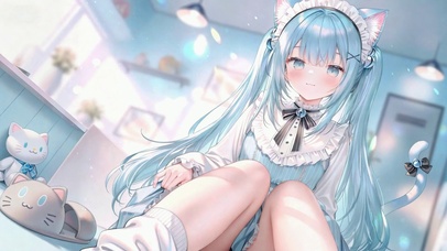 软萌蓝发猫耳二次元美少女