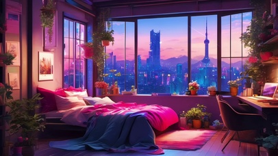 傍晚粉色治愈温馨房间