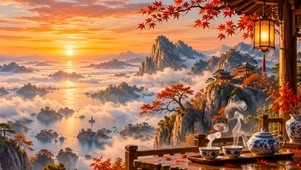 国风秋天日出山水