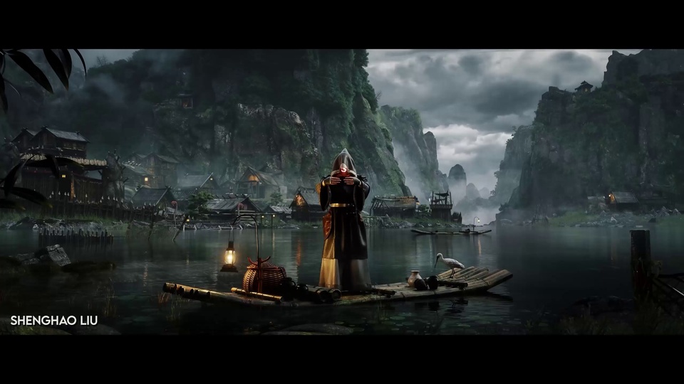 暗调古风山水湖面竹筏场景