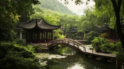 夏日幽静森林古桥庭院