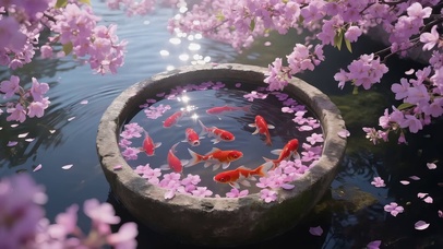 樱花树下水潭小鱼